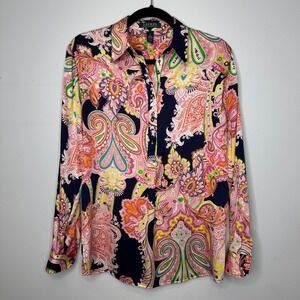 Lauren Ralph Lauren Womens Pink Navy Paisley Button Up Blouse Shirt Small S
